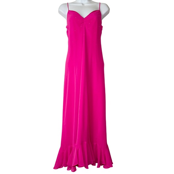 Betsey Johnson Midi Dress 4 Pink Strappy Rhinestone Open Back Ruffle Hem - Picture 1 of 16